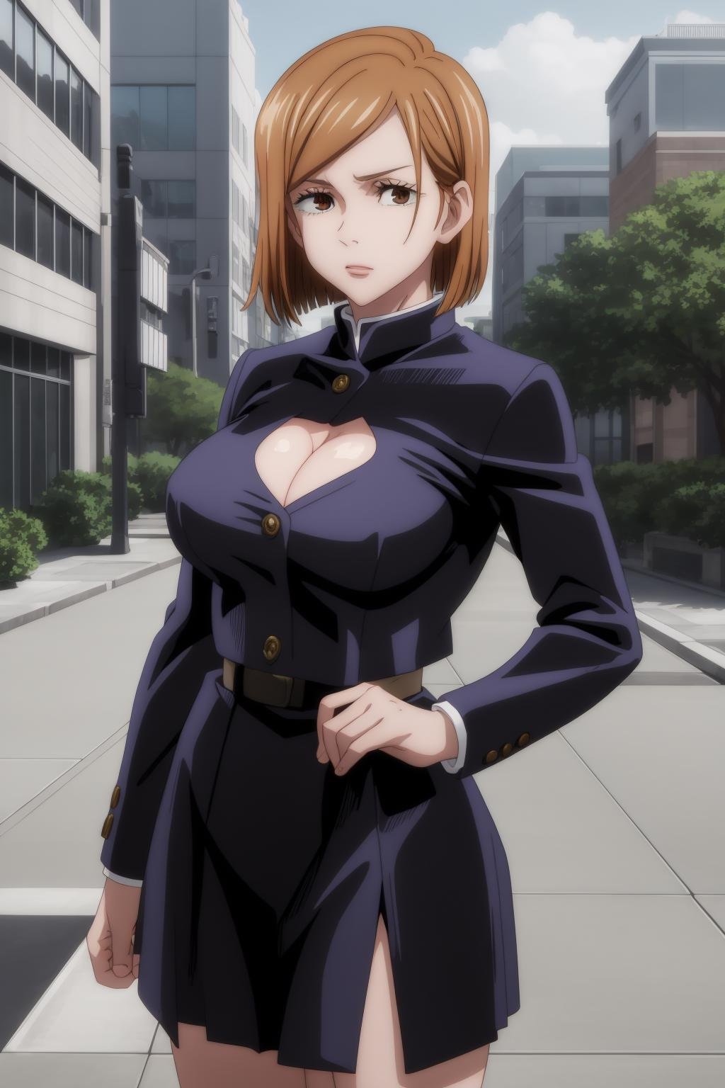 masterpiece, best quality, high quality, outdoors, street, looking at viewer, cowboy shot, school uniform, jacket, cleavage, cleavage cutout, large breasts, Nobara, <lora:Nobara-10:1>