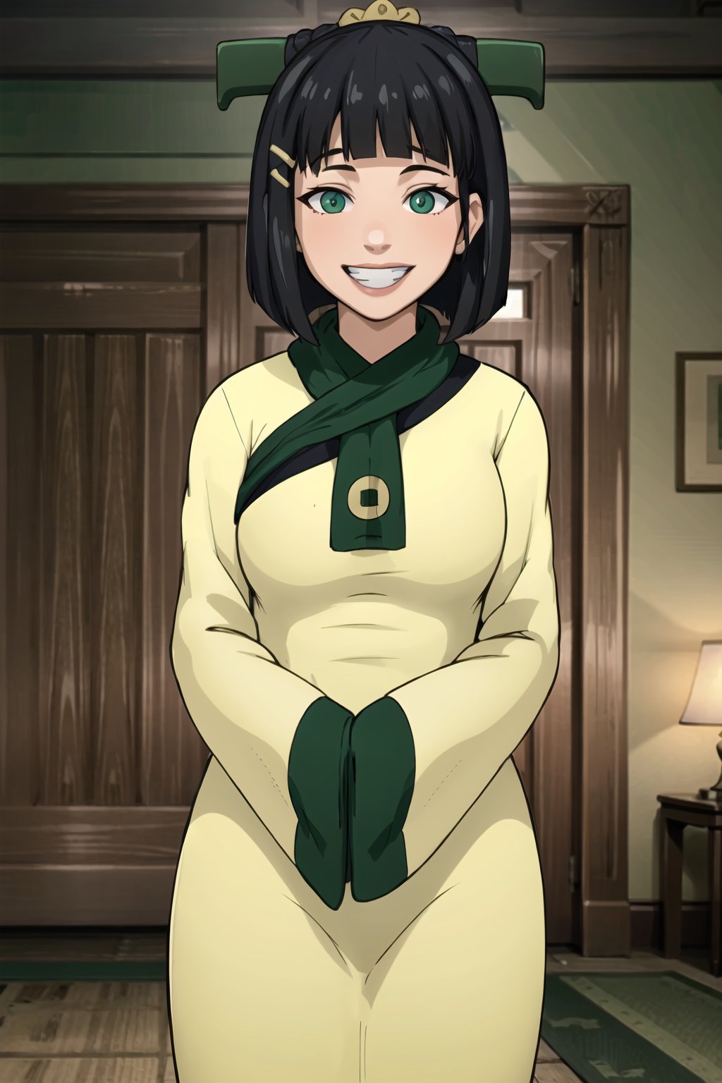 (best quality), (highly detailed), masterpiece, (official art), suguha kirigaya, (green eyes:1.2), hair ornament, hairclip, short hair, black hair, bob cut, (joo dee:1.2), grin, lips, hands in opposite sleeves, blurry background, depth of field, best quality, masterpiece, intricate details, tonemapping, sharp focus, hyper detailed, trending on Artstation, 1 girl, solo, high res, official art,nishikino maki,zodiac_suguha