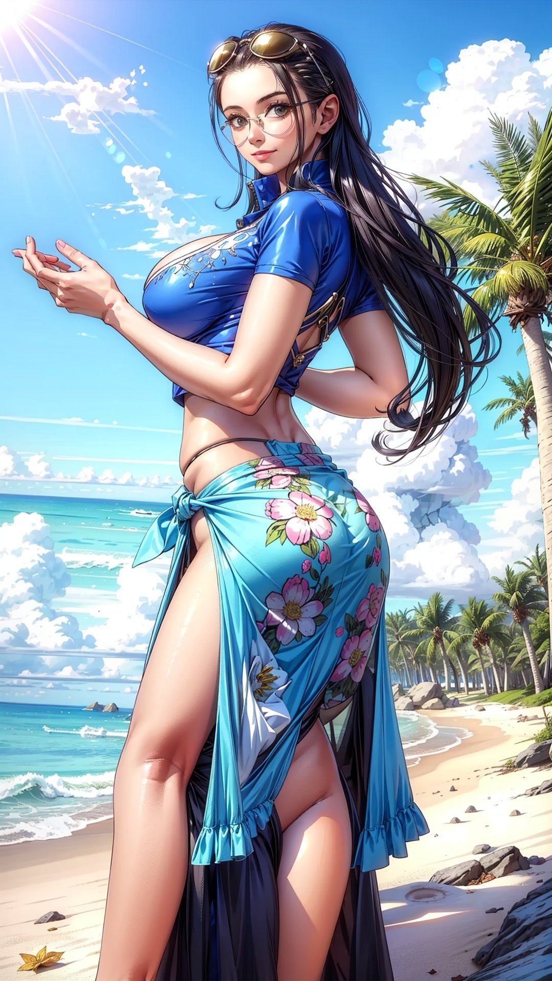 masterpiece,  (photorealistic:1.5),  best quality,  beautiful lighting,  real life,  nico robin,  1girl,  black hair,  blue eyes,  breasts,  eyewear on head,  from side,  hair slicked back,  hands on own hips,  large breasts,  long hair,  long skirt,  looking back,  narrow waist,  sarong,  smile,  solo,  standing,  sunglasses,  sea,  floral pattern on sarong,  ((masterpiece)),  Nico Robin, <lora:EMS-27163-EMS:0.300000>, , <lora:EMS-14488-EMS:0.800000>, , <lora:EMS-26397-EMS:0.800000>, , <lora:EMS-55874-EMS:0.800000>, , <lora:EMS-60610-EMS:0.800000>