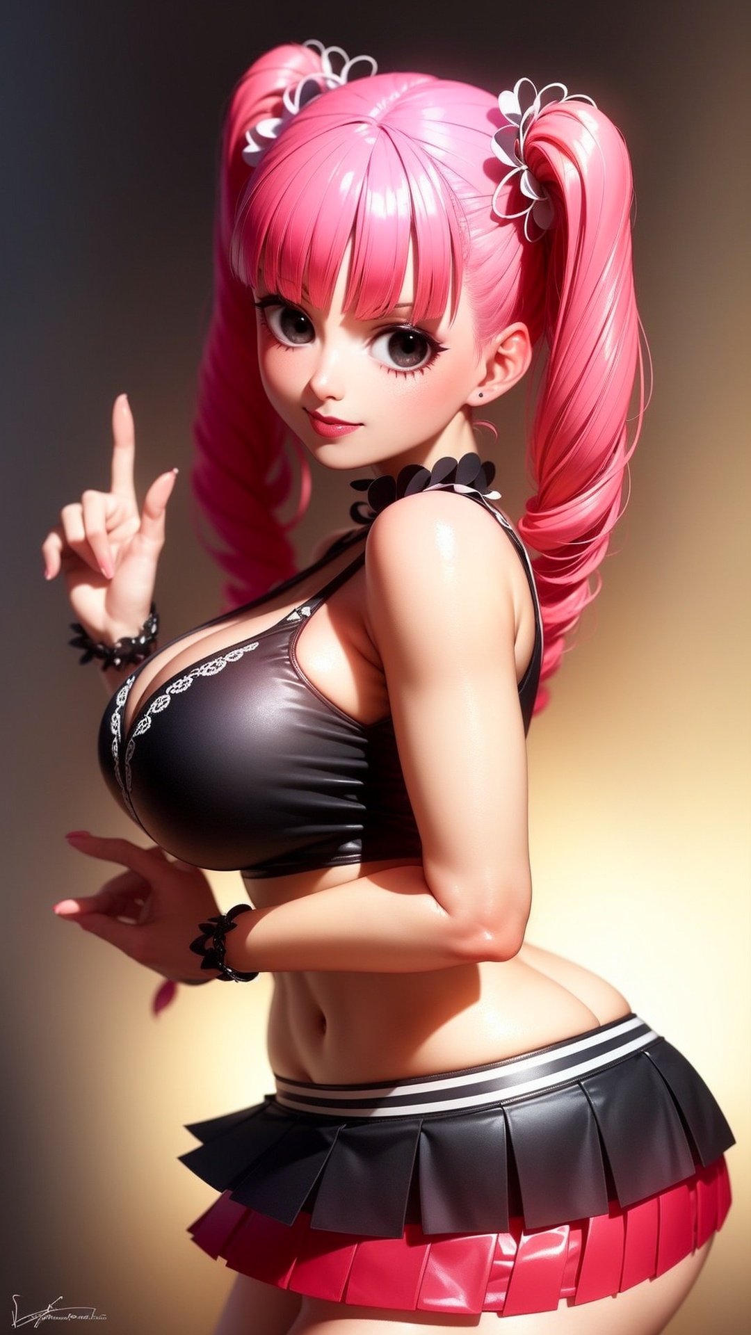 ((best quality)),  ((masterpiece)),  ((semi-realistic)),  (horror),  (ultra detailed),  extremely detailed 8k wallpaper,  intridicated,  full body,  dynamic pose,  (side shot),  ((1girl,  solo)),  Perona is dominatrix,  makeup,  twintails,  twin drills,  (happy,  smile),  arrogant posture,  (hand on the cheek),  (blush),  (big dreamy eyes),  (fashion clothes,  pullover,  skirt),  perfect fitness body,  (wide hips),  constricted breast,  cleavage,  high detailed creepy environment,  ,  looking to viewer,  (twilight),  late afternoon,  fading sunset,  intricate details,  muted volumetric lighting,  deep shadows,  sharp focus,  Perona, <lora:EMS-27163-EMS:0.300000>, , <lora:EMS-14488-EMS:0.800000>, , <lora:EMS-26397-EMS:0.800000>, , <lora:EMS-60611-EMS:0.800000>