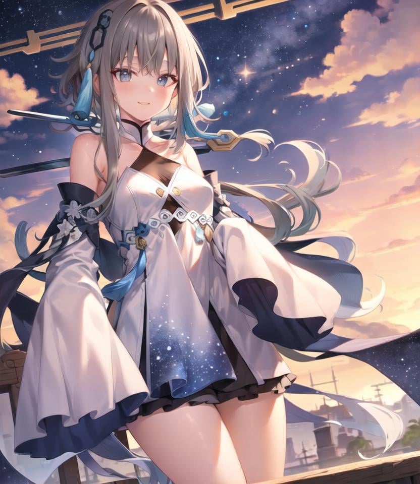 masterpiece, best quality, 1girl, solo, guizhong_genshin, default_dress, starry sky print, sleeves over wrists <lora:Guizhong:1>