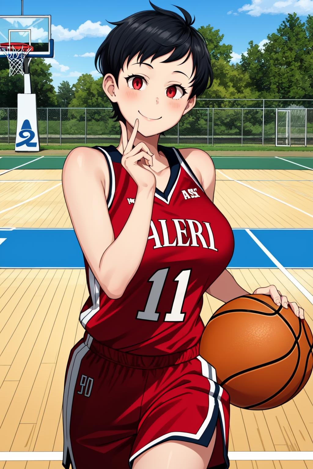 1girl, solo, (tomboy:1.2), running, holding ball,black hair, (very short hair, long sidelocks:1.2),red eyes, looking at viewer,smile, closed mouth,basketball uniform, shorts, shirt, sleeveless,large breasts,outdoors, basketball court, court, <lora:Tomboy-3000-12repeats:1>  <lora:Cham22:1>