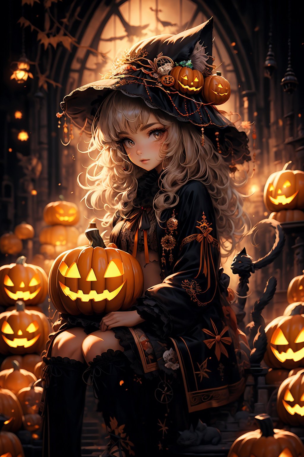  ((masterpiece)), ((best quality)), 8k, high detailed, ultra-detailed, (1girl), sitting on a chair, (cat hat), (2cats), one on her head, one on her knee, (Halloween), (pumpkin light).