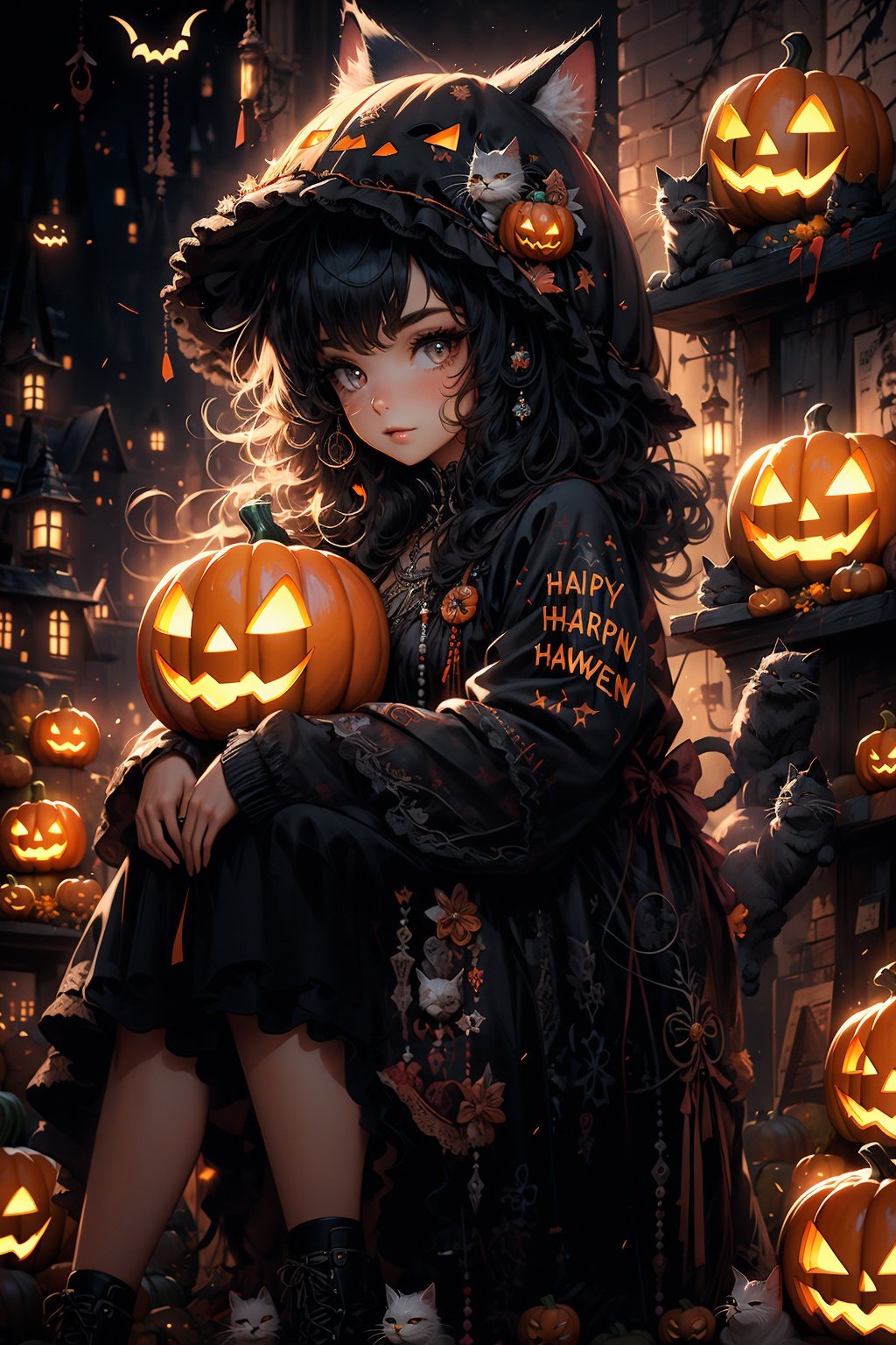  ((masterpiece)), ((best quality)), 8k, high detailed, ultra-detailed, (1girl), sitting on a chair, (cat hat), (2cats), one on her head, one on her knee, (Halloween), (pumpkin light).