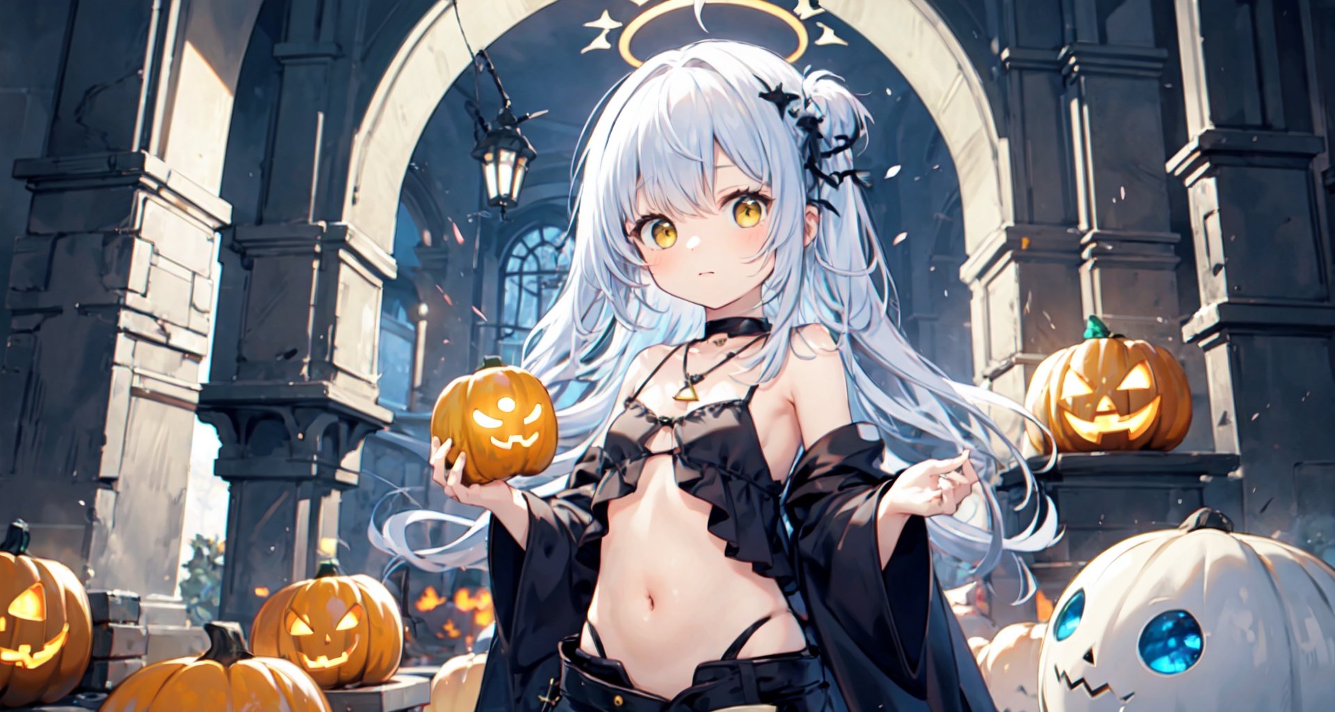  {masterpiece},white hair,yellow eyes,underboob,pumpkin hat,aqua eyes,looking up,stockings,dark skin,bare shoulders,jack-o'-lantern,will-o'-the-wisp (mythology),genie,ghost,candy,(long hair:1.2),hime cut,messy hair,floating hair,(demon wings:1.2),halo,cross necklace,holy,divinity,shine,holy light,cat girl,(loli),(petite),solo,navel,houtufeng,letterboxed, WaHaa, revealing clothes