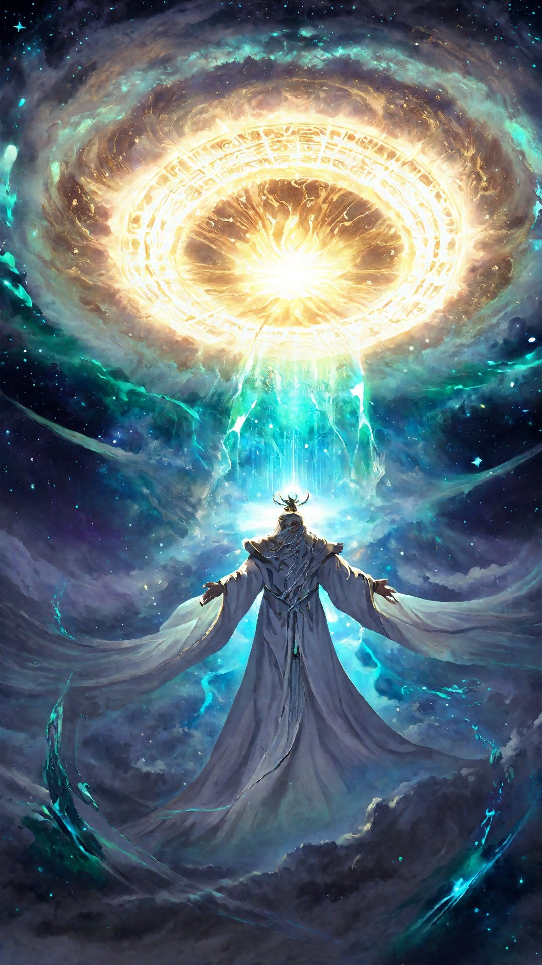 (Chinese fantasy style :1.5) (Complex details) (advanced colors) (science fiction concept light) (super realistic thick painting) In the interstellar void,  the fairy wearing white robes,  floating lightly above the sea of stars. The stars shone brightly on his figure,  making him seem like a fairy from the universe. His eyes were deep with clear determination,  and the clouds were ethereal,  like the Milky Way water flowing past him,  bringing with them the roar of the breeze. The celestial practitioner smiled and waved his sleeve,  and the gorgeous magic halo gushed out,  like ripples of water,  and the vast energy of the star sea raced freely in his hands,