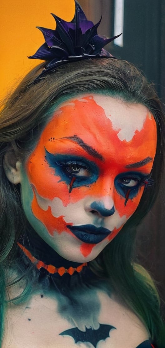 Create a beautiful woman in half batman half joker makeup,  waering a halloween costume.ready to party.helloween mood.,  p...