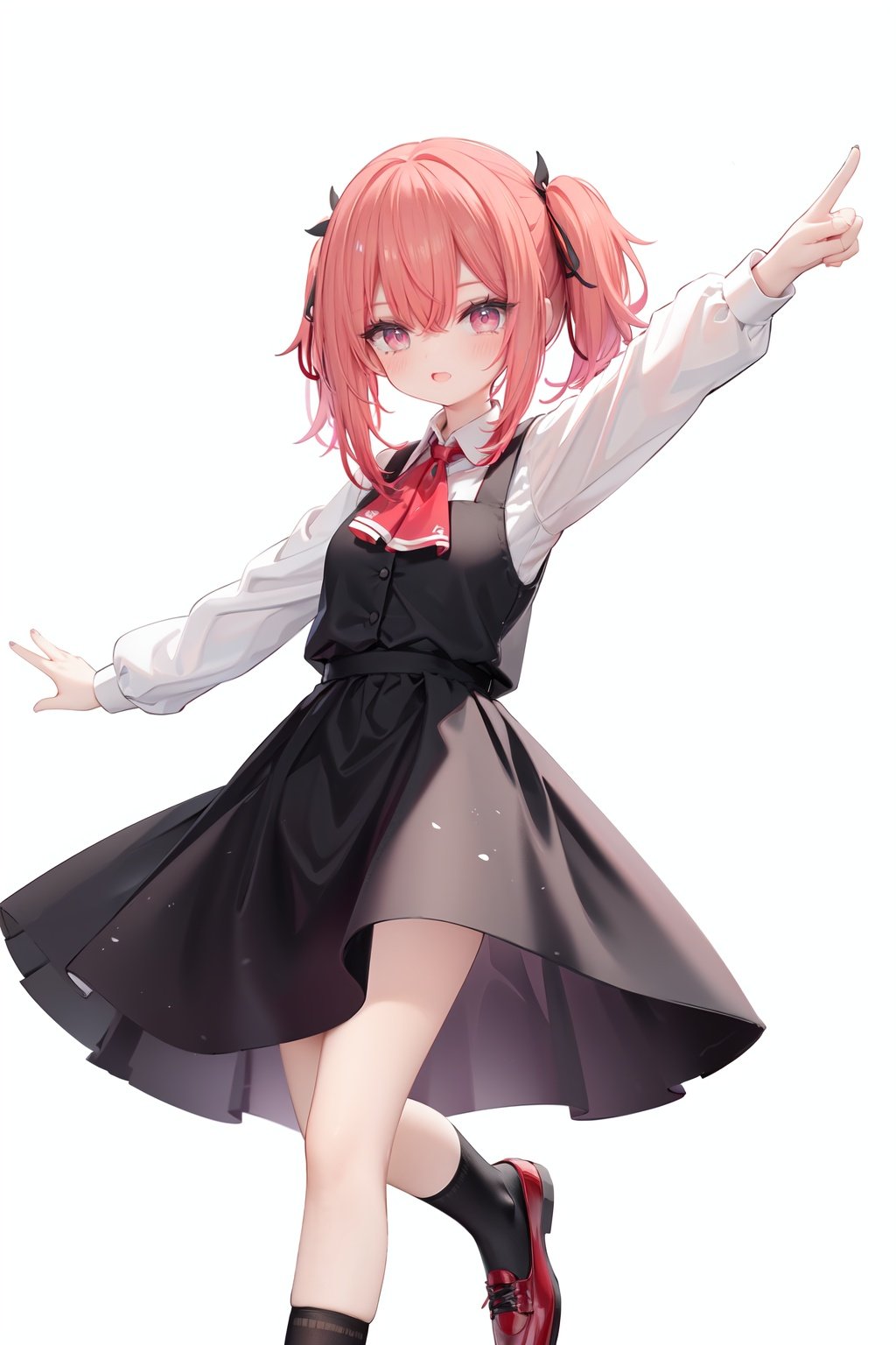  1girl, rumia, blonde hair, solo, white background, red eyes, red footwear, simple background, ascot, short hair, ribbon, open mouth, hair ribbon, smile, long sleeves, shirt, looking at viewer, red ascot, white socks, white shirt, red ribbon, shoes, socks, frills, bangs, outstretched arms, hair between eyes, skirt, :d, dress, vest, mary janes, black dress, black skirt, collared shirt, black vest, blush