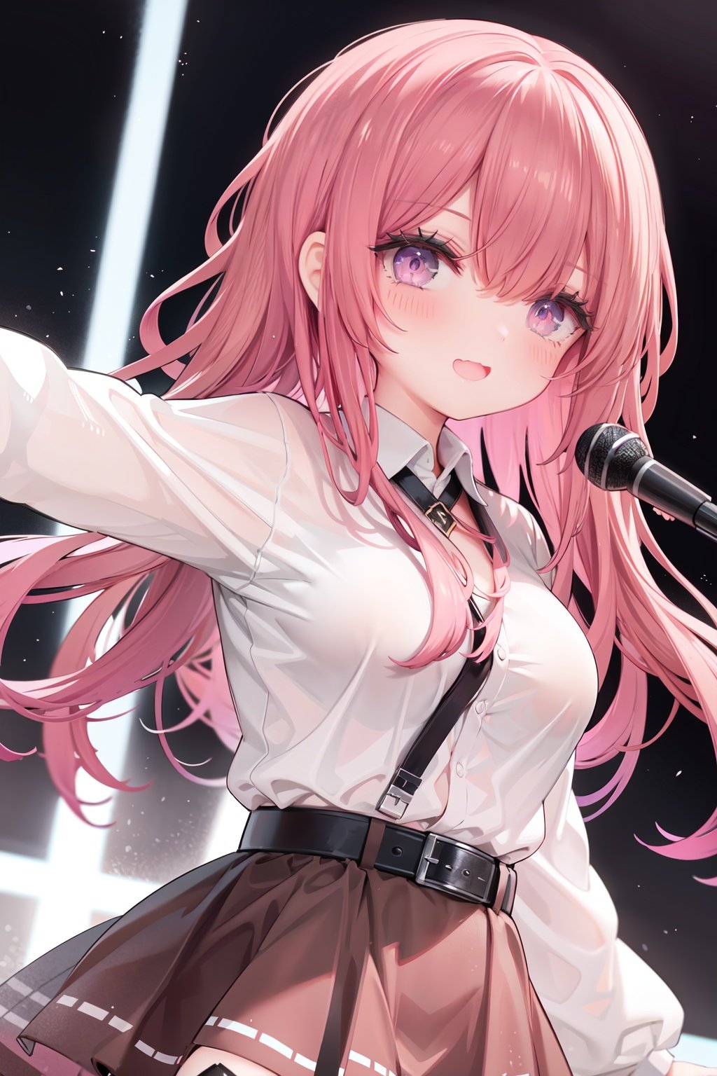  1girl, solo, microphone, smile, skirt, blush, brown eyes, long hair, open mouth, looking at viewer, brown hair, long sleeves, :d, shirt, bangs, belt, breasts, pink shirt, outstretched arm, music, black belt, medium breasts, holding microphone, singing