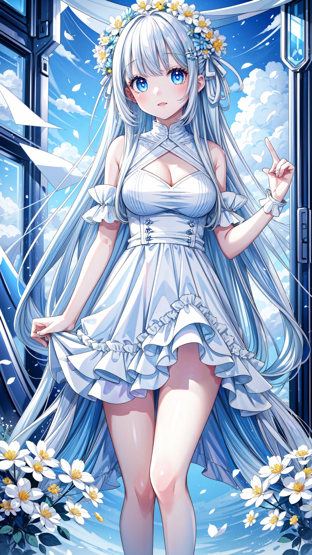 (masterpiece, best quality, highres:1.3), ultra resolution image, (1girl), (solo), kawaii, white hair, long hair, white dress, wonderland, bunny, sunlight, flowers, colorful, hold white flowers, dreamy,Cyberpunk