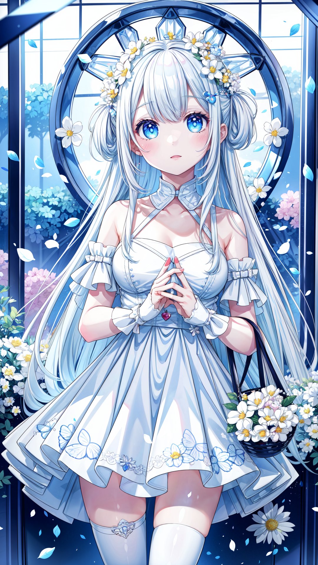 (masterpiece, best quality, highres:1.3), ultra resolution image, (1girl), (solo), kawaii, white hair, long hair, white dress, wonderland, bunny, sunlight, flowers, colorful, hold white flowers, dreamy,Cyberpunk