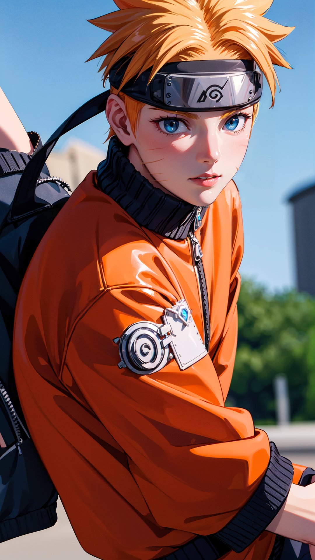 (best quality, masterpiece:1.2), photorealistic, ultra high res, front lighting, intricate detail, Exquisite details and textures, n4rut0, 1boy, (facial mark), solo, whisker markings, forehead protector,spiked hair, (orange hair),looking at viewer, blue eyes, jacket, (konohagakure symbol), short hair, long sleeves, ninja, detailed face, professional lighting, photon mapping, radiosity, physically-based rendering,n4rut0,Germany Male