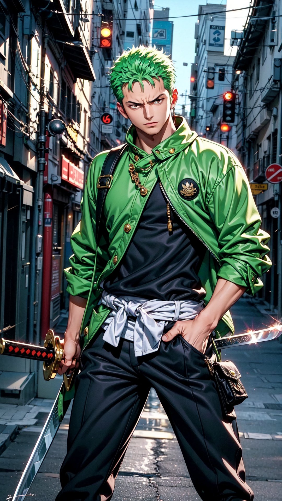  Roronoa Zoro, the iconic character from the One Piece anime:

"Generate a striking and highly detailed visual representation of the legendary swordsman, Roronoa Zoro, from the One Piece anime. Zoro is known for his distinctive appearance and formidable skills.

His hair is a vibrant shade of green, complementing his determined brown eyes. He stands tall and resolute, exuding an air of strength and unwavering determination. Zoro is clad in his signature green outfit, complete with a white haramaki and a bandana.

In his skilled hands, he wields not one but two katana swords, each one unique and finely detailed. The swords should be a reflection of his mastery and the essence of his character.

This image should capture the essence of Zoro's iconic appearance, showcasing his powerful presence and his status as one of the most beloved characters in the One Piece series." Photographic cinematic super super high detailed super realistic image, 8k HDR super high quality image, masterpiece,perfecteyes,zoro, ((perfect hands)), ((super high detailed image)), ((perfect swords)), ,Cyberpunk