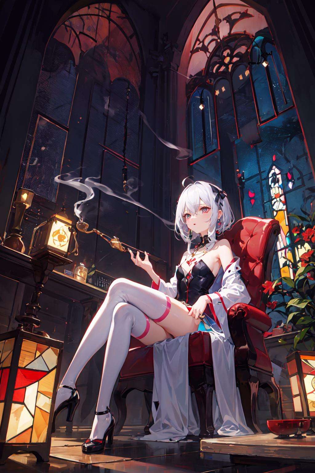 (Hookah:1.2),holding smoking pipe, smoke,flask,girl,a long flexible rubber tube with a  smoking pipe,waterpipe smoking,shisha,lethargy,staring into the distance,stained glass,zettai ryouiki, night,  