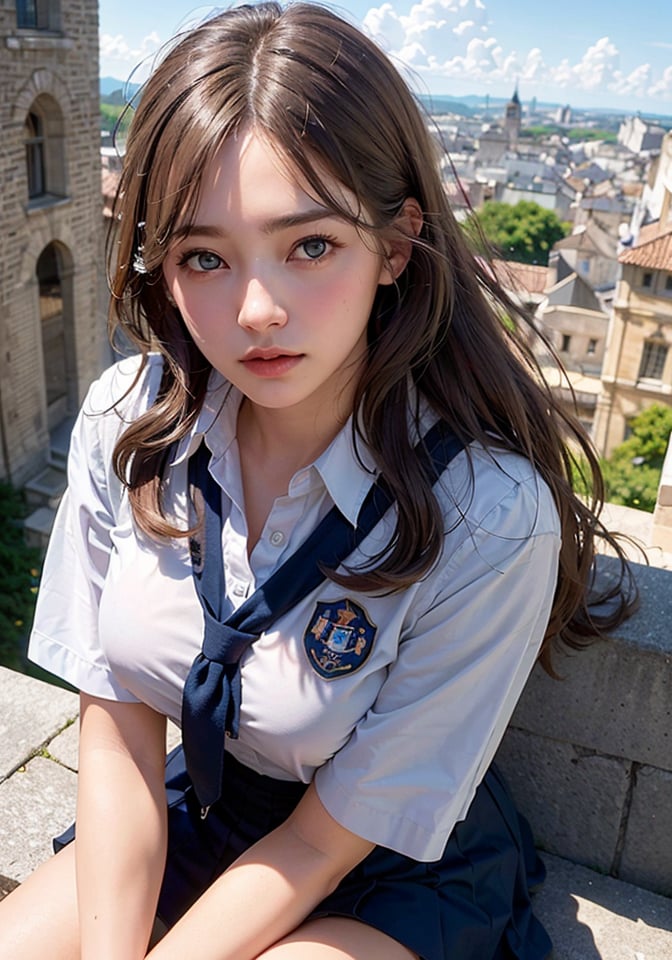 <(photorealistic:1.4), (extremely intricate:1.2)>, pale skin, dutch angle, from above, 1girl, (sitting at top of tower:1.3), (blue and white school uniform:1.1), skirt, (detailed beautiful eyes:1.28), very long wavy hair, (blue sky:1.1), clouds, (ancient architecture floating at very high sky:1.28), (wind:1.1), blush, BREAK, <(exquisitely detailed skin), cinematic light, ultra high res, 8k uhd, film grain, perfect anatomy, best shadow, delicate, RAW>,