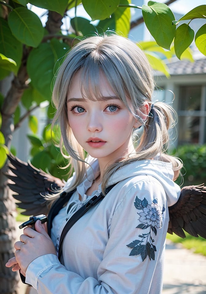 <(photorealistic:1.4), (extremely intricate:1.2)>, pale skin, almond shaped eyes, 1girl, solo, long hair, bangs, blue eyes, long sleeves, hair between eyes, twintails, closed mouth, white hair, outdoors, wings, hood, sleeves past wrists, hood down, feathers, sleeves past fingers, white theme, grey theme, upper body, BREAK, <(exquisitely detailed skin), cinematic light, ultra high res, 8k uhd, film grain, perfect anatomy, best shadow, delicate, RAW>,