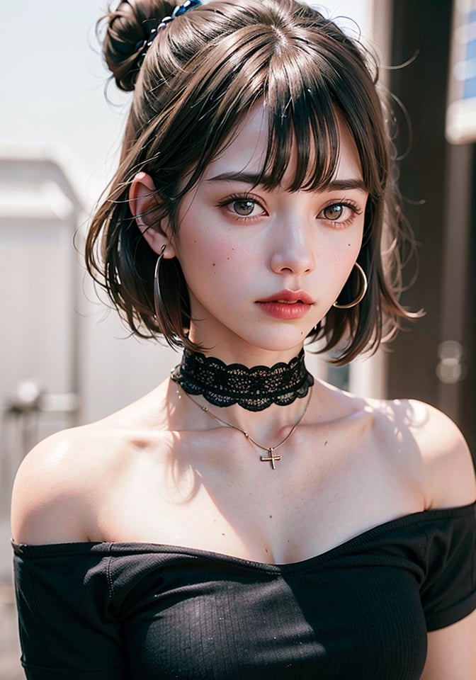 <(photorealistic:1.4), (extremely intricate:1.2)>, pale skin, jewelry, black hair, necklace, black choker, upper body, short hair, single hair bun, mole under eye, bangs, black shirt, off shoulder, sleeveless, hoop earrings, purple eyes, piercing, red lips, closed mouth, eyelashes, studio, grey background, simple background, 1girl, solo, BREAK, <(exquisitely detailed skin), cinematic light, ultra high res, 8k uhd, film grain, perfect anatomy, best shadow, delicate, RAW>,