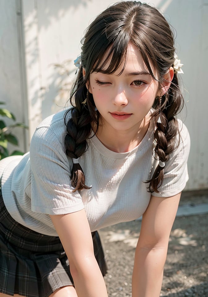 <(photorealistic:1.4), (extremely intricate:1.2)>, pale skin, 1girl, solo, twin braids, one eye closed, black hair, short sleeves, looking at viewer, long hair, brown skirt, bangs, white striped shirt, smile, lips, upper body, standing, (leaning forward:1.3), twintails, pleated skirt, black eyes, straight-on, leg support, BREAK,  <(exquisitely detailed skin), cinematic light, ultra high res, 8k uhd, film grain, perfect anatomy, best shadow, delicate, RAW>,