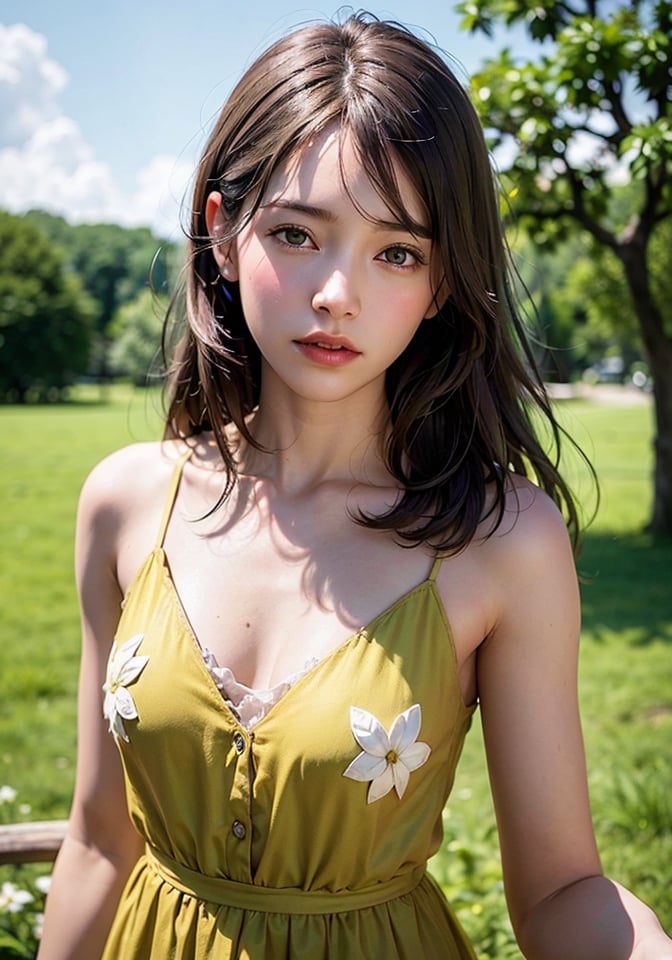 <(photorealistic:1.4), (extremely intricate:1.2)>, pale skin, 1girl, (upper body:1.2), solo, long hair, brown hair, black hair, dress, standing, flower, outdoors, sky, day, cloud, tree, cloudy sky, grass, scenery, smoke, yellow dress, field, yellow theme, looking at viewer, head tilt, BREAK, <(exquisitely detailed skin), cinematic light, ultra high res, 8k uhd, film grain, perfect anatomy, best shadow, delicate, RAW>,