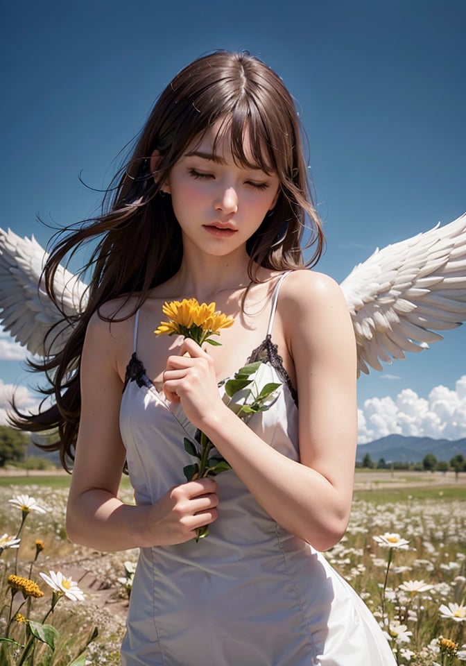 <(photorealistic:1.4), (extremely intricate:1.2)>, pale skin, 1girl, wings, solo, barefoot, flower, long hair, sky, dress, petals, outdoors, angel wings, holding, holding flower, cloud, closed eyes, feathered wings, purple hair, wind, field, BREAK, <(exquisitely detailed skin), cinematic light, ultra high res, 8k uhd, film grain, perfect anatomy, best shadow, delicate, RAW>,