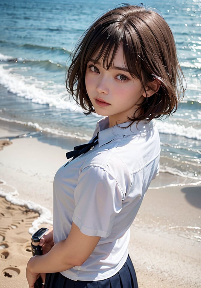 <(photorealistic:1.4), (extremely intricate:1.2)>, pale skin,  1girl, bare foot, short hair, white shirt, solo, short sleeves, school uniform, pleated skirt, collared shirts, beach, outdoors, from behind, footprints, black hair, blue skirt, walking, ocean, sand, facing away, holding skirt, BREAK,  <(exquisitely detailed skin), cinematic light, ultra high res, 8k uhd, film grain, perfect anatomy, best shadow, delicate, RAW>,