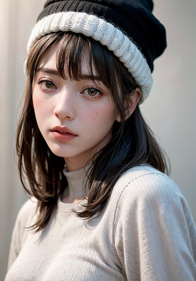 <(photorealistic:1.4), (extremely intricate:1.2)>, pale skin, 1girl, solo, long hair, black hair, clothes writing, brown eyes, looking at viewer, beanie, lips, upper body, simple background, closed mouth, white background, green shirt, studio,  BREAK,  <(exquisitely detailed skin), cinematic light, ultra high res, 8k uhd, film grain, perfect anatomy, best shadow, delicate, RAW>,