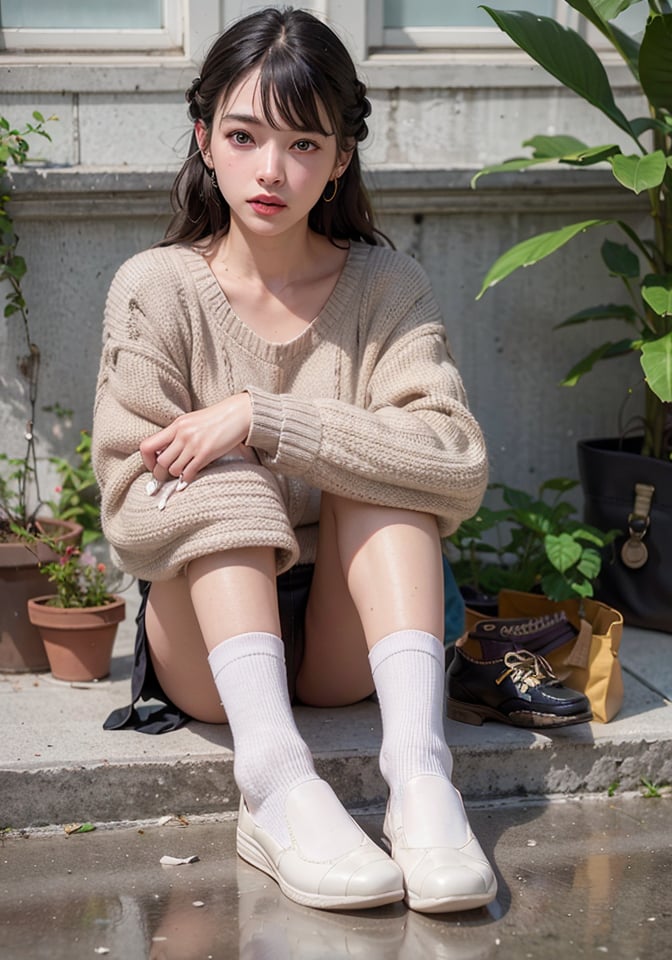 <(photorealistic:1.4), (extremely intricate:1.2)>, pale skin, 1girl, solo, black hair, plant, braid, socks, (freckles:0.), twin braids, shoes, sitting, white socks, shoes, bag, black footwear, long hair, sweater, looking at viewer, potted plant, long sleeves, parted lips, kpop, BREAK,  <(exquisitely detailed skin), cinematic light, ultra high res, 8k uhd, film grain, perfect anatomy, best shadow, delicate, RAW>,