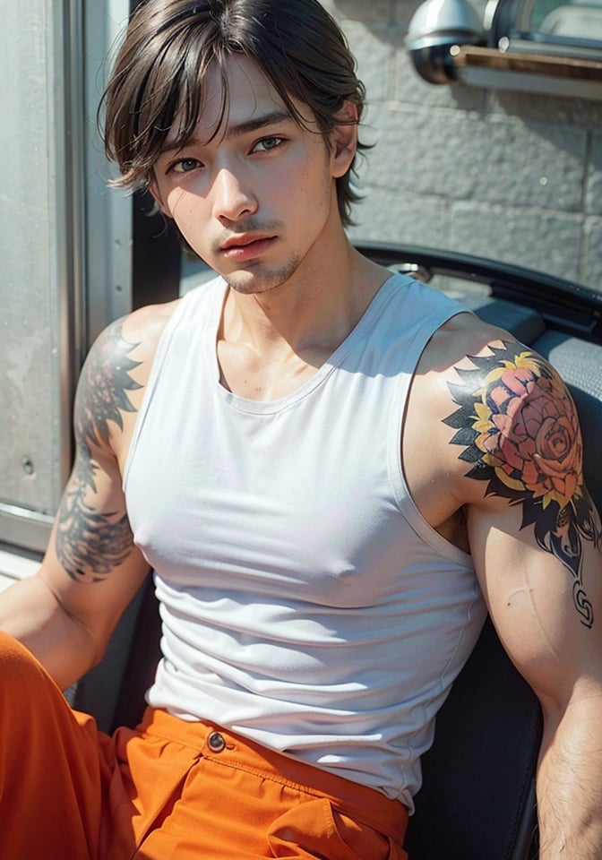 <(photorealistic:1.4), (extremely intricate:1.2)>, solo, short hair, black hair, 1boy, old man, sitting, male focus, pants, tattoo, muscular, facial hair, tank top, pectorals, muscular male, mature male, stubble, arm tattoo, red pants, white tank top, orange pants, savage facial features,  BREAK,  <(exquisitely detailed skin), cinematic light, ultra high res, 8k uhd, film grain, perfect anatomy, best shadow, delicate, RAW>,