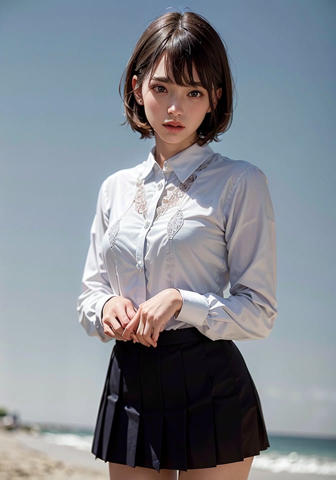 <(photorealistic:1.4), (extremely intricate:1.2)>,pale skin, 1girl, solo, grey background, hair ornament, school uniform, simple background, short hair, sleeves past fingers, pleated skirt, shirt, hairclip, bangs, black skirt, looking at viewer, white shirt, BREAK, <(exquisitely detailed skin), cinematic light, ultra high res, 8k uhd, film grain, perfect anatomy, best shadow, delicate, RAW>,