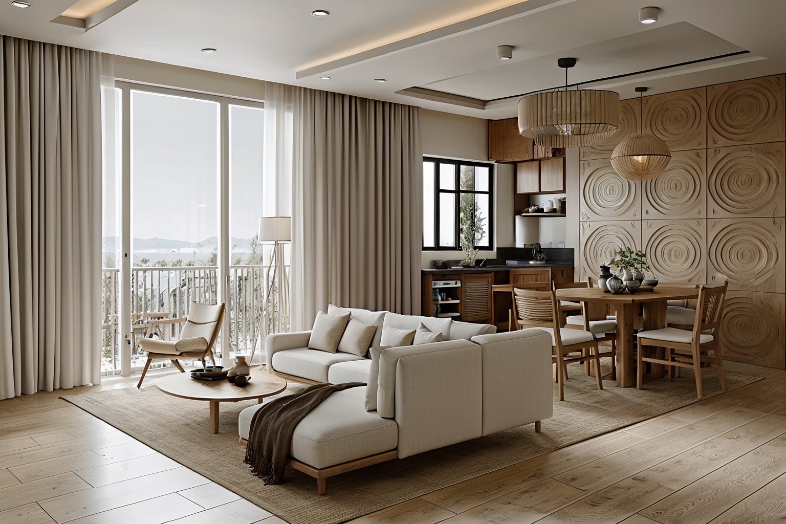 RAW photo, wabisabi livingroom interior, wabisabi interior style,
sofa, armchair, table, rug, wood floor, drapes,glass window,  exposured wood ceiling, stucco wall,  television, cabinet, flower vase, picture frames, celling fan,
natural light, softlight,
 8k uhd, dslr, soft lighting, high quality, film grain, Fujifilm XT3 ,