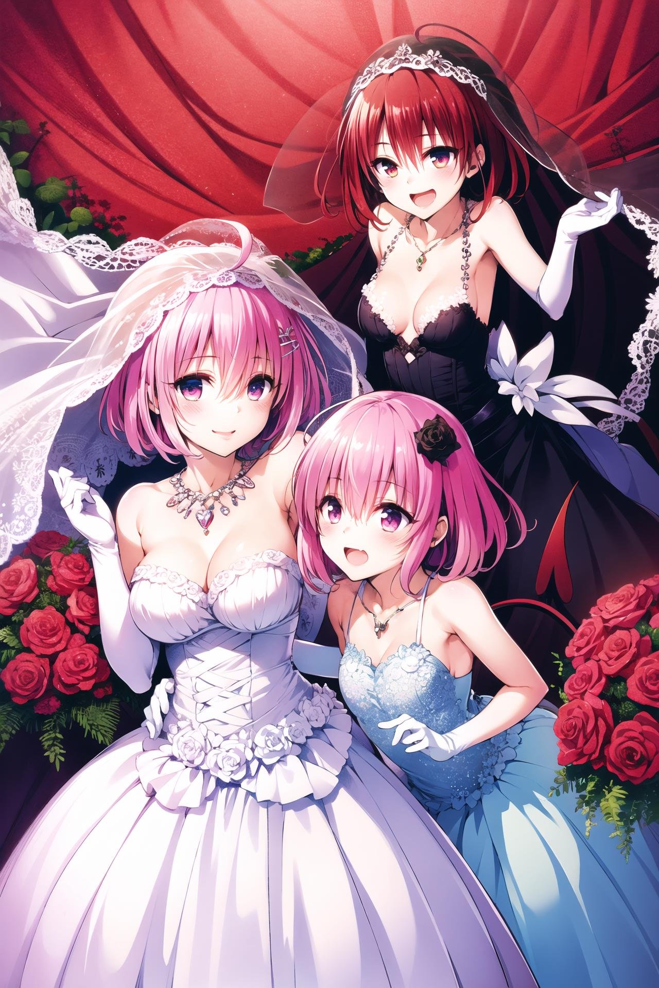 momo velia deviluke,kurosaki meia,  multiple girls, 2girls, dress, wedding dress, flower, tail, pink hair, blue eyes, short hair, red hair, bouquet, hair ornament, smile, gloves, pink eyes, veil, hair flower, bridal veil, demon tail, elbow gloves, jewelry, necklace, ahoge, open mouth, breasts, cleavage, rose,<lora:Yabuki Kentarou_v2:0.8>