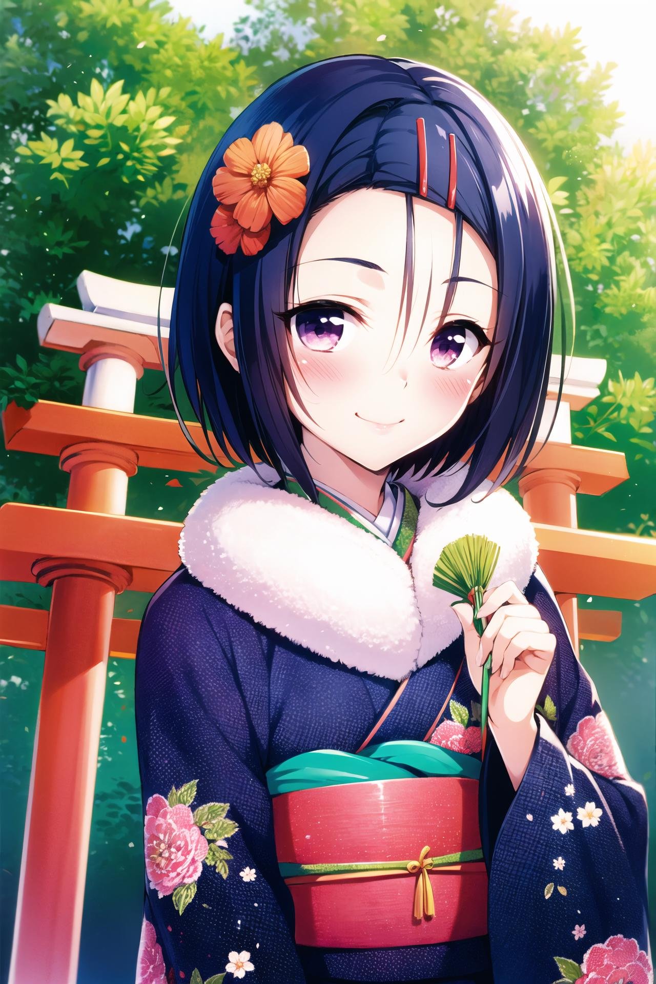 1girl, haruna sairenji, solo, japanese clothes, smile, hair ornament, kimono, blush, sash, obi, looking at viewer, omikuji, purple eyes, short hair, hairclip, holding, blue hair, torii, outdoors, red kimono, floral print, day, closed mouth, long sleeves, wide sleeves, upper body, paper, sunlight, print kimono, bangs, nose blush, fur collar, blurry, forehead, hair between eyes, pom pom (clothes), <lora:Yabuki Kentarou_v2:0.8>