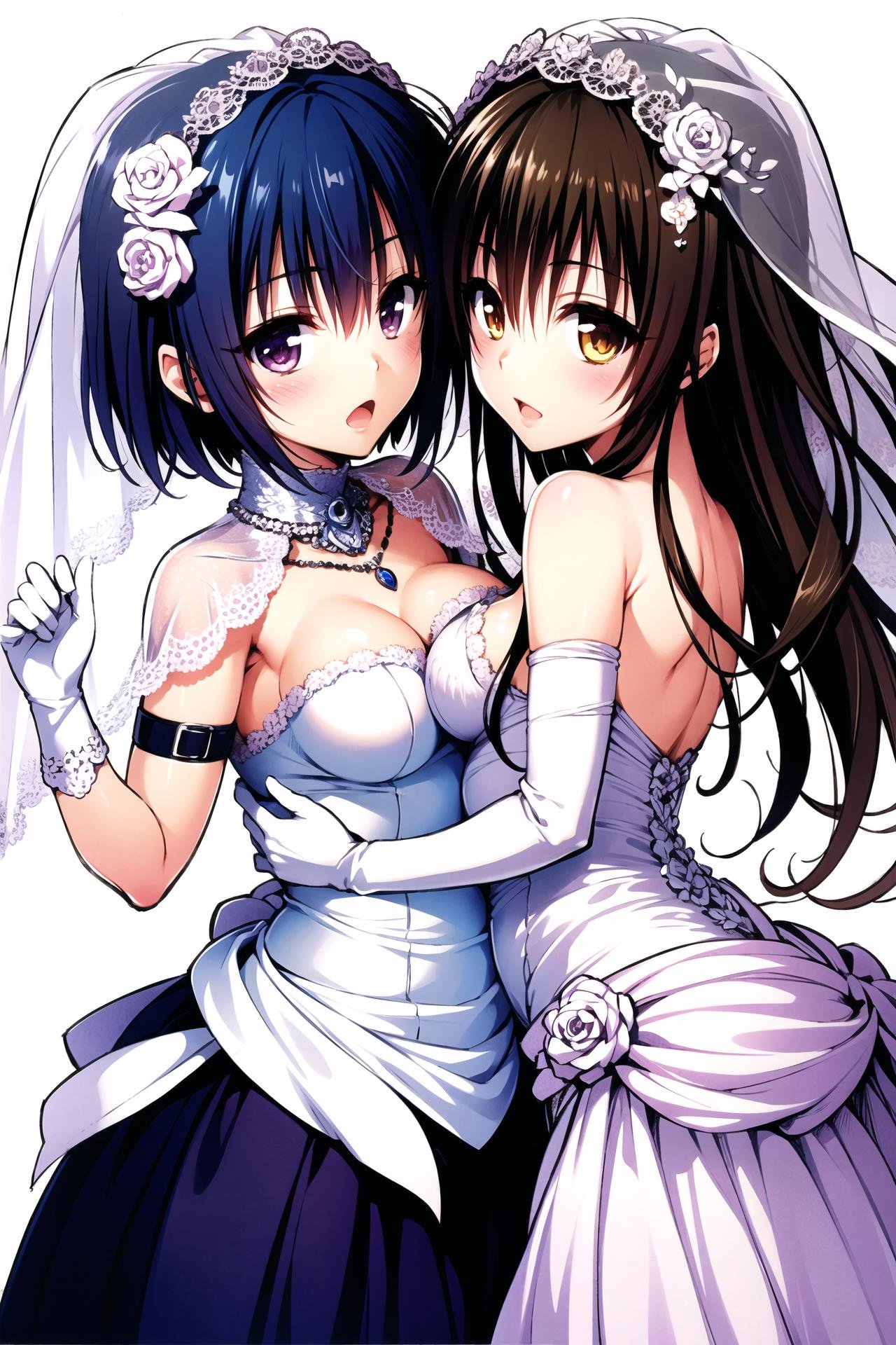 multiple girls,  kotegawa yui, haruna sairenji, 2girls, dress, wedding dress, gloves, elbow gloves, veil, purple eyes, long hair, short hair, bridal veil, brown hair, blue hair, flower, jewelry, brown eyes, breasts, medium breasts, necklace, white background, hair ornament, simple background, white gloves, black hair, open mouth, blush, hair flower,<lora:Yabuki Kentarou_v2:0.8>