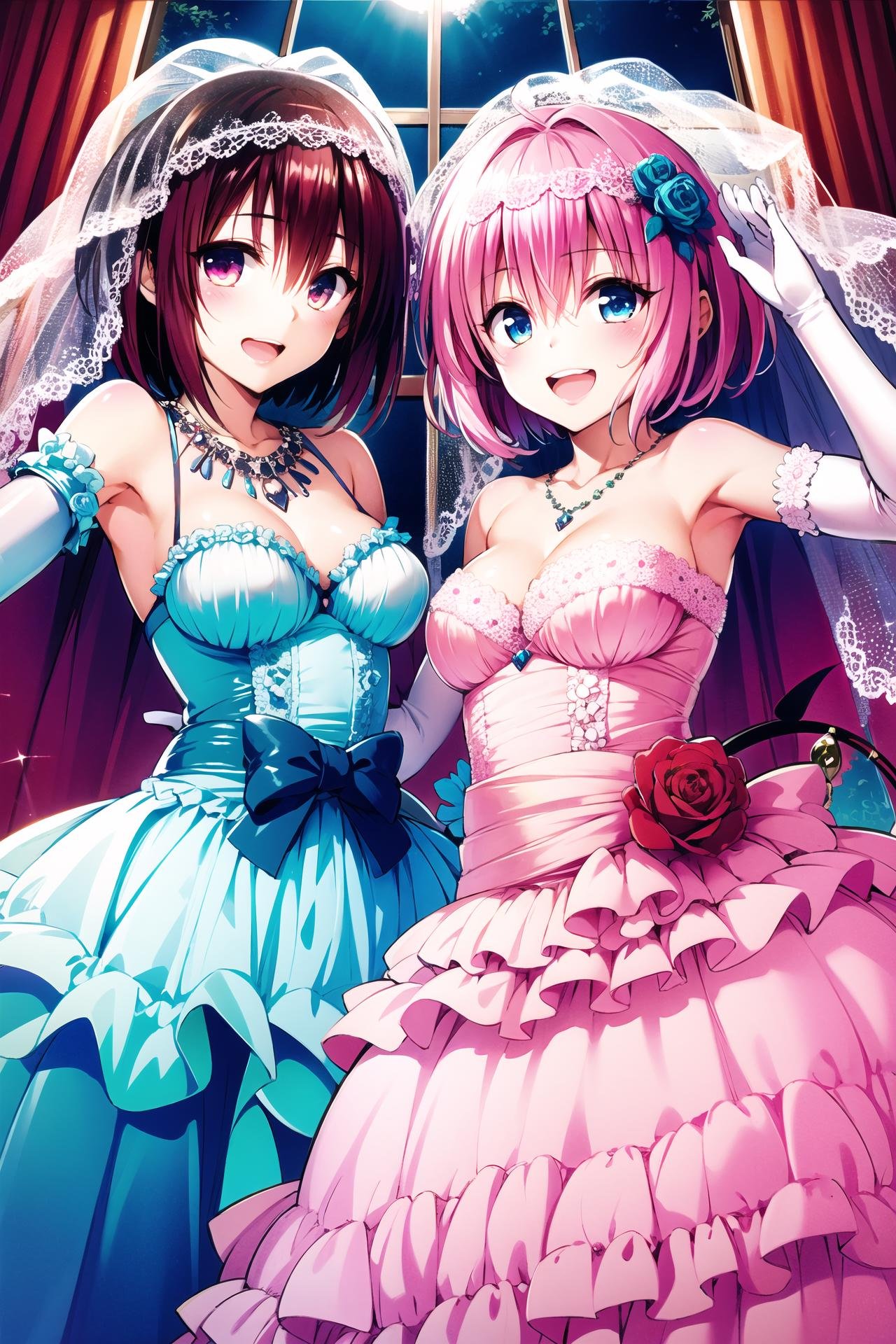 momo velia deviluke,kurosaki meia,  multiple girls, 2girls, dress, wedding dress, flower, tail, pink hair, blue eyes, short hair, red hair, bouquet, hair ornament, smile, gloves, pink eyes, veil, hair flower, bridal veil, demon tail, elbow gloves, jewelry, necklace, ahoge, open mouth, breasts, cleavage, rose,<lora:Yabuki Kentarou_v2:0.8>