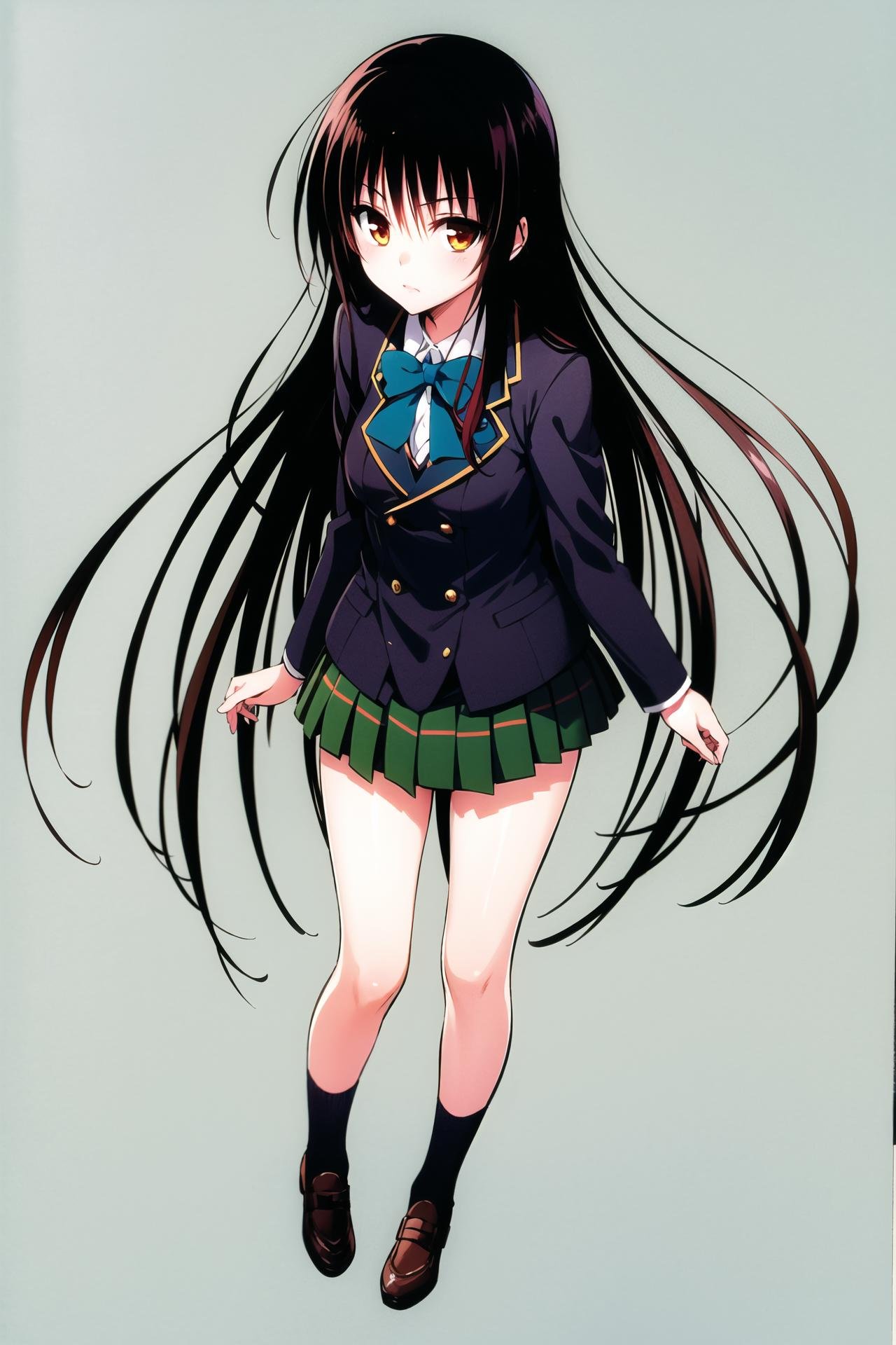 1girl,  kotegawa yui, solo, long hair,school uniform,black hair, simple background, white background,  full body, looking at viewer, <lora:Yabuki Kentarou_v2:0.8>