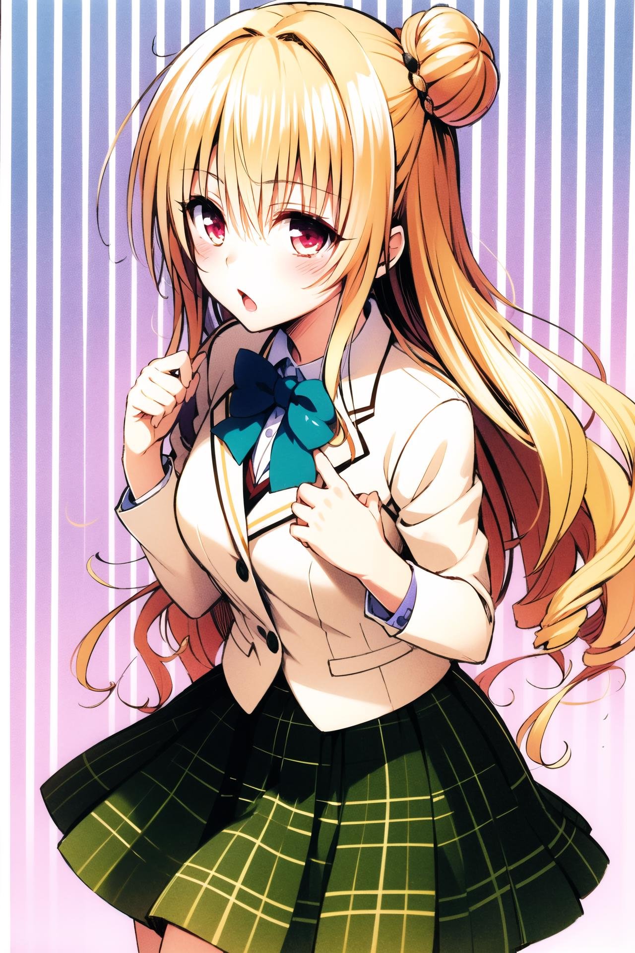 1girl,tenjiuin saki, solo, school uniform, skirt, hair bun, long hair,wavy hair, blazer, double bun, plaid skirt, plaid, drill hair, blond hair, open mouth,<lora:Yabuki Kentarou_v2:0.8>