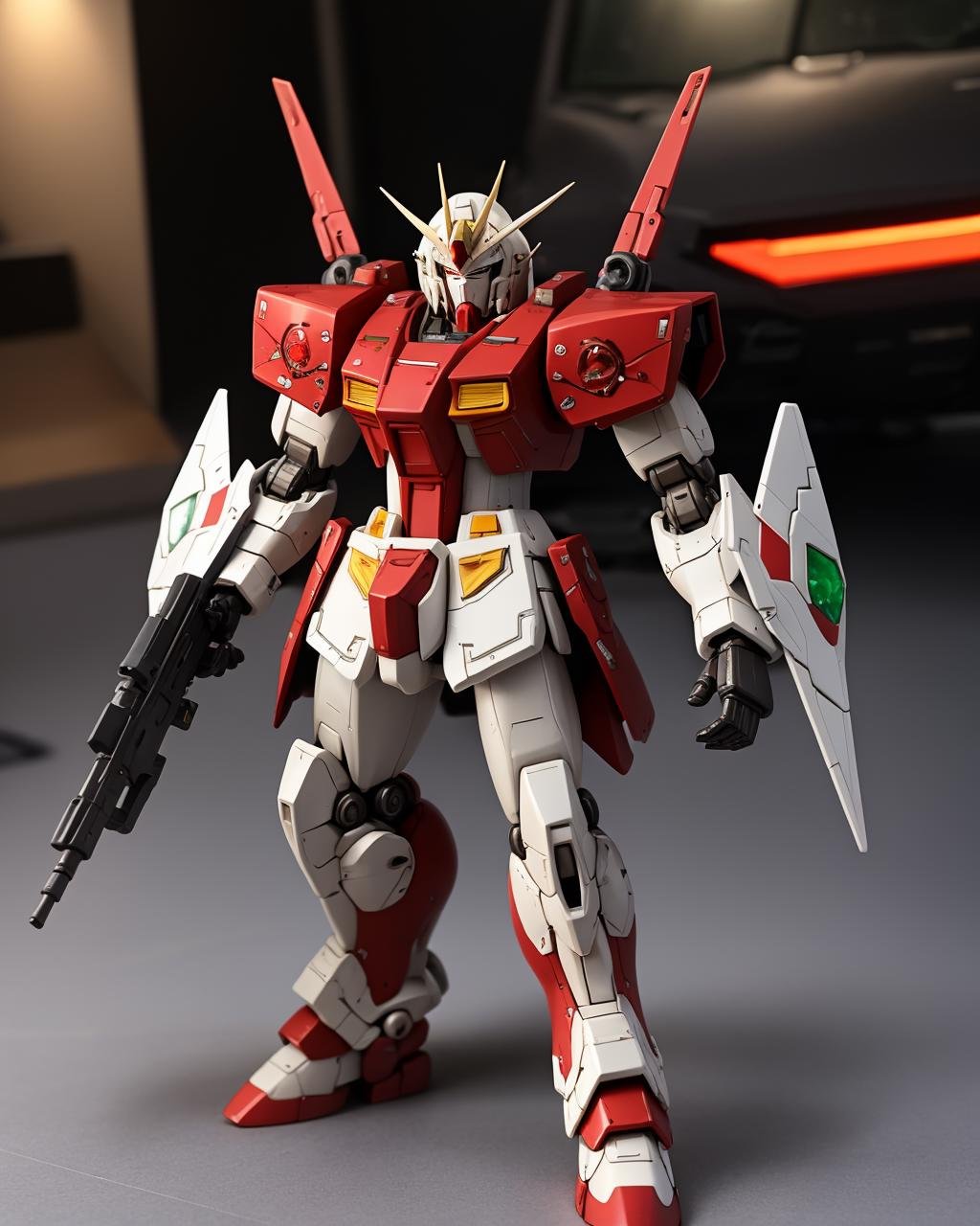 best quality,masterpiece,highly detailed,ultra-detailed,<lora:neg4all_bdsqlsz_V3.5:-1>  <lora:gunplaV02:1> gundam, gunpla,  robot, mecha, science fiction,full body, close-up, no humans, led eyes,green led eyes,v-fin, holding weapon,  upper body, close-up silver armor,military vehicle, bulletproof vest, 