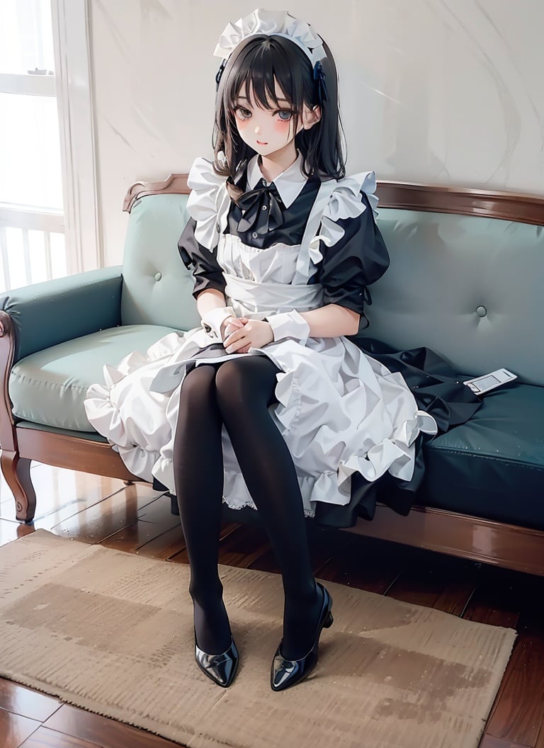 pantyhose,<lora:black tights:0.6>,1girl,maid,lace,sitting,long hair