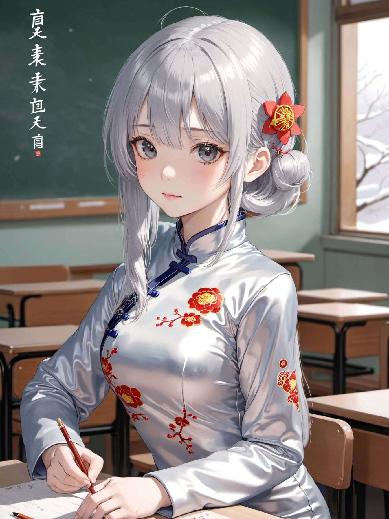 1girl,silver hair,cheongsam,in winter,classroom,