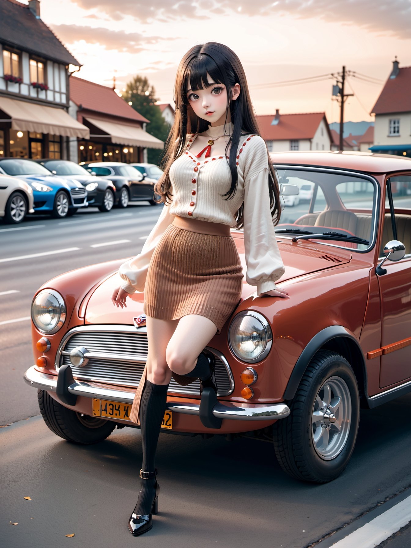 1girl,blouse mini skirt,mediaeval automobile retailer evening, , knit mini skirt straps , ,dark hair, absurdly long hair, flipped hair,   bangs, ,narrow waist  hanging breasts, ,wide shot,