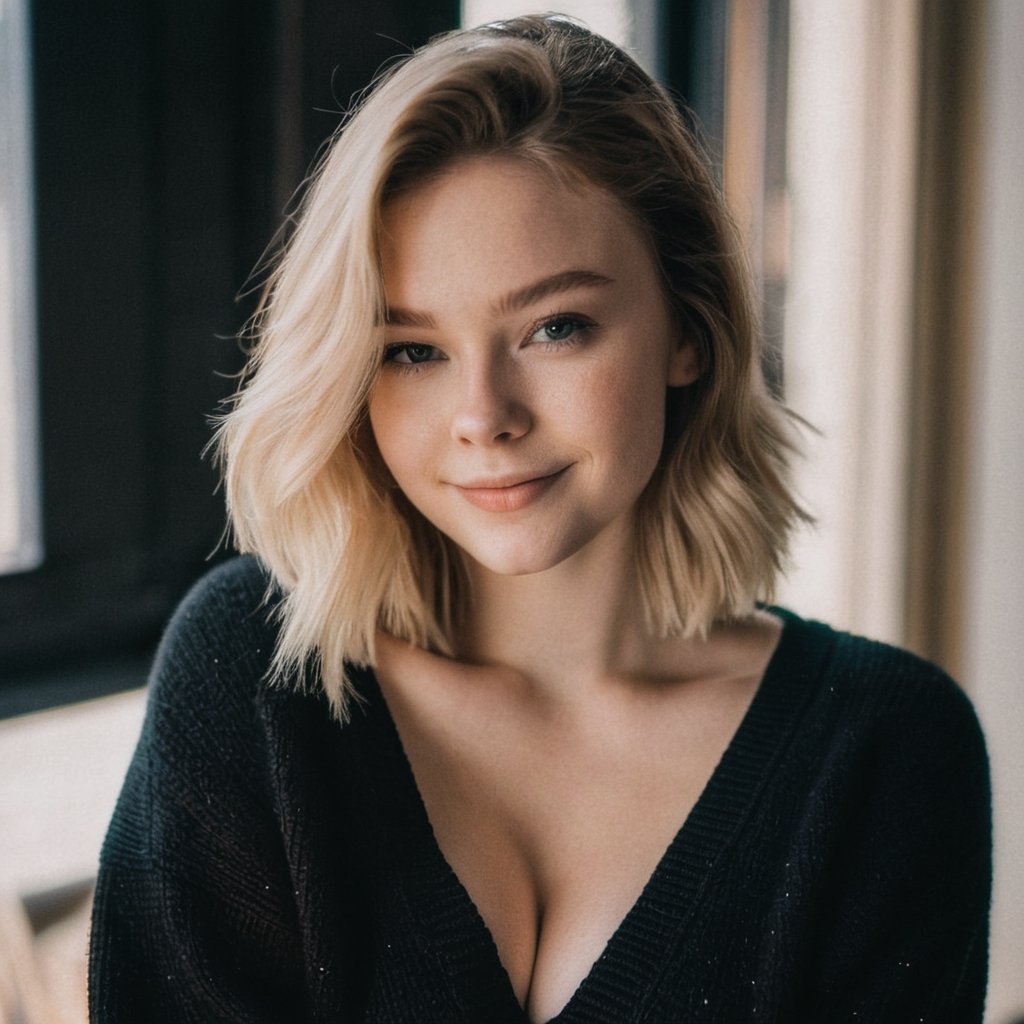 instagram photo, portrait photo of 23 y.o Chloe in black sweater, (cleavage:1.2), pale skin, (smile:0.4), cozy, natural skin, soft lighting, (cinematic, film grain:1.1)