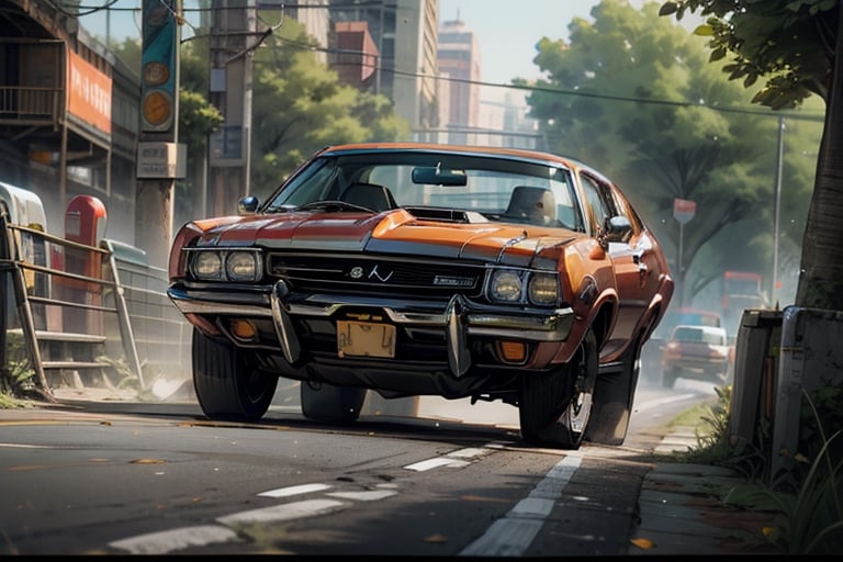 car, amber car, Mercury Cougar, on the road, perfect lighting, wallpaper, commercial photo