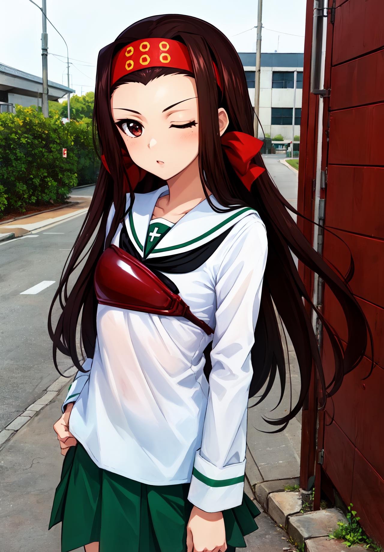 masterpiece, best quality, outdoors,saemonzaschool, 1girl, solo, looking at viewer, long hair, headband, brown hair, brown eyes, one eye closed, red headband,school uniform, ooarai school uniform, serafuku, long sleeves, neckerchief, blouse, white shirt, pleated skirt, green skirt,<lora:LoRA_Saemonza:1>