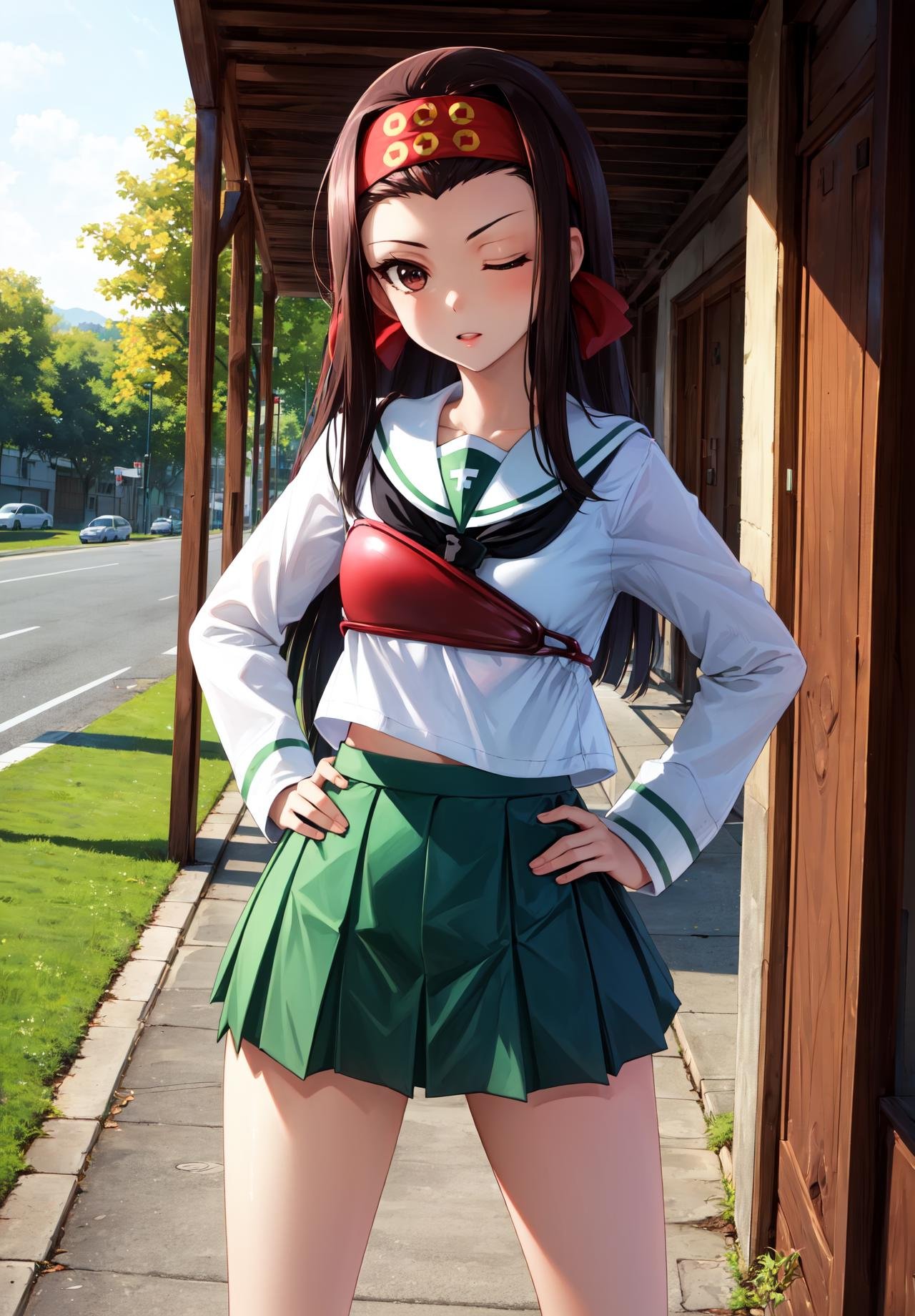 masterpiece, best quality, outdoors,saemonzaschool, 1girl, solo, looking at viewer, cowboy shot, long hair, headband, brown hair, brown eyes, one eye closed, red headband, hands on hips,school uniform, ooarai school uniform, serafuku, long sleeves, muneate, neckerchief, blouse, white shirt, pleated skirt, green skirt, skirt lift, panties, cameltoe,<lora:LoRA_Saemonza:1>