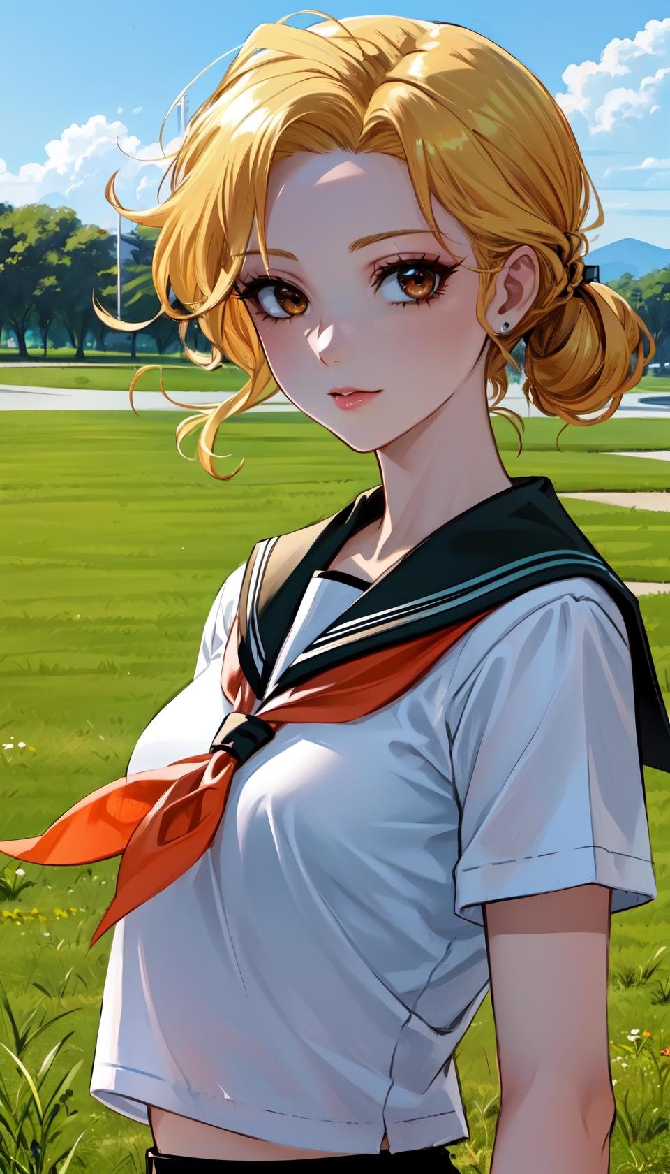 masterpiece, best quality, outdoors, on grass, grass,cosmieyes, brown eyes, colored eyelashes, eyelashes, blonde hair, eridef, 1girl, solo, looking at viewer, upper body, school uniform, serafuku, pleated skirt, <lora:CosmicEyes:1>,  <lora:LoRA_Eri:1>