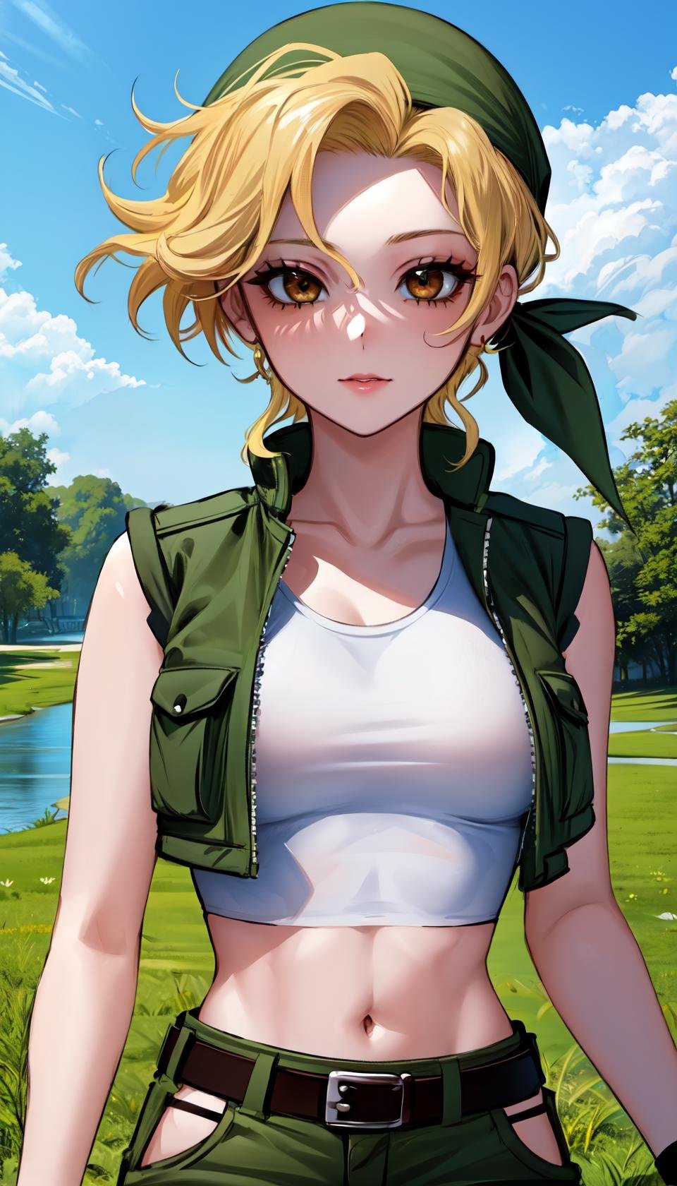 masterpiece, best quality, outdoors, on grass, grass,cosmieyes, brown eyes, colored eyelashes, eyelashes,eridef, 1girl, solo, looking at viewer, upper body, blonde hair, vest, bandana, breasts, shorts, navel, midriff, crop top, belt, short shorts, hat, knee pads, large breasts,<lora:CosmicEyes:1>,  <lora:LoRA_Eri:1>