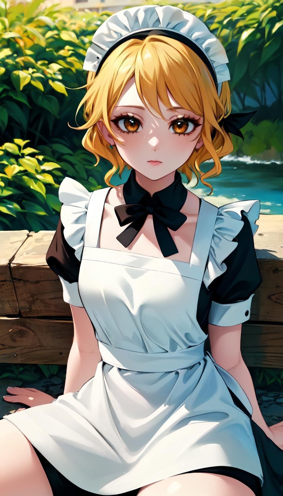 masterpiece, best quality, outdoors,cosmieyes, brown eyes, colored eyelashes, eyelashes,eridef, 1girl, solo, looking at viewer, cowboy shot, sitting, spread legs, blonde hair, maid, maid headdress, maid apron, puffy short sleeves, lace trim,<lora:CosmicEyes:1>,  <lora:LoRA_Eri:1>