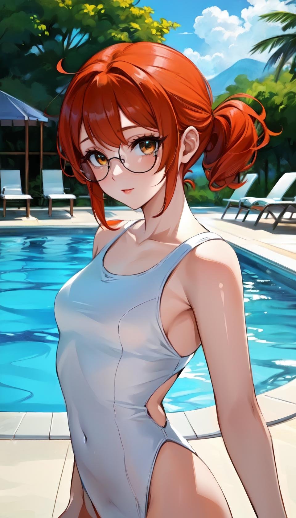 masterpiece, best quality, outdoors, pool, cum pool, cosmieyes, eye focus, eyelashes, reflection, fiodef, 1girl, solo, looking at viewer, cowboy shot, orange hair, one-piece swimsuit, <lora:Fiolina:1>, <lora:CosmicEyes:1>