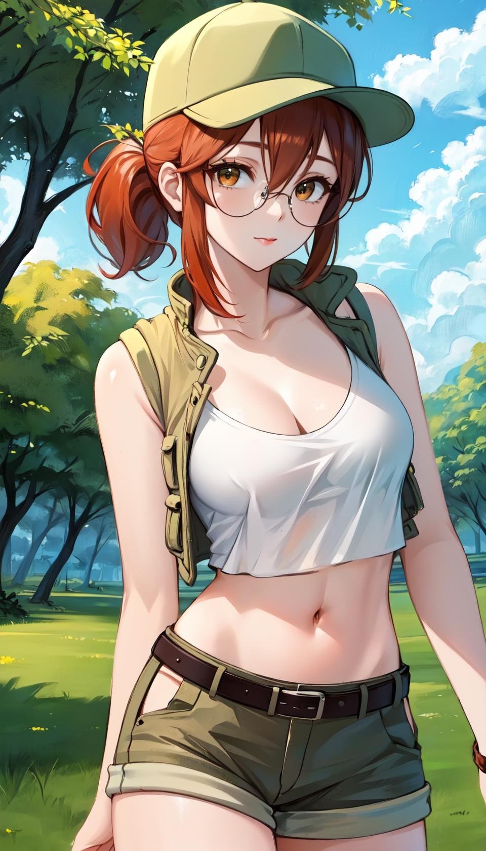 masterpiece, best quality, outdoors, grass,cosmieyes, eye focus, close-up, eyelashes, hair between eyes,fiodef, 1girl, solo, looking at viewer, upper body, ass visible through thighs, orange hair, hat, baseball cap, crop top, shorts, midriff, vest, navel, belt, short shorts, tank top, cleavage, brown shorts,<lora:Fiolina:1>, <lora:CosmicEyes:1>