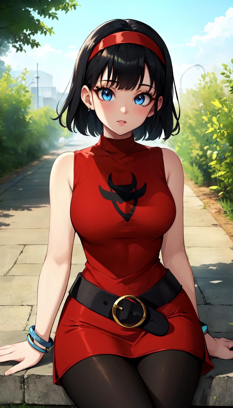 masterpiece, best quality, outdoors,blue eyes, colored eyelashes, eyelashes, black hair, videldress, 1girl, solo, looking at viewer, cowboy shot, sitting, hairband, short hair, red hairband, bangs, sleeveless, dress, jewelry, belt, red dress, bracelet, breasts, pantyhose, black pantyhose, bare shoulders, sleeveless dress, blunt bangs,<lora:LoRA_Videl:1>